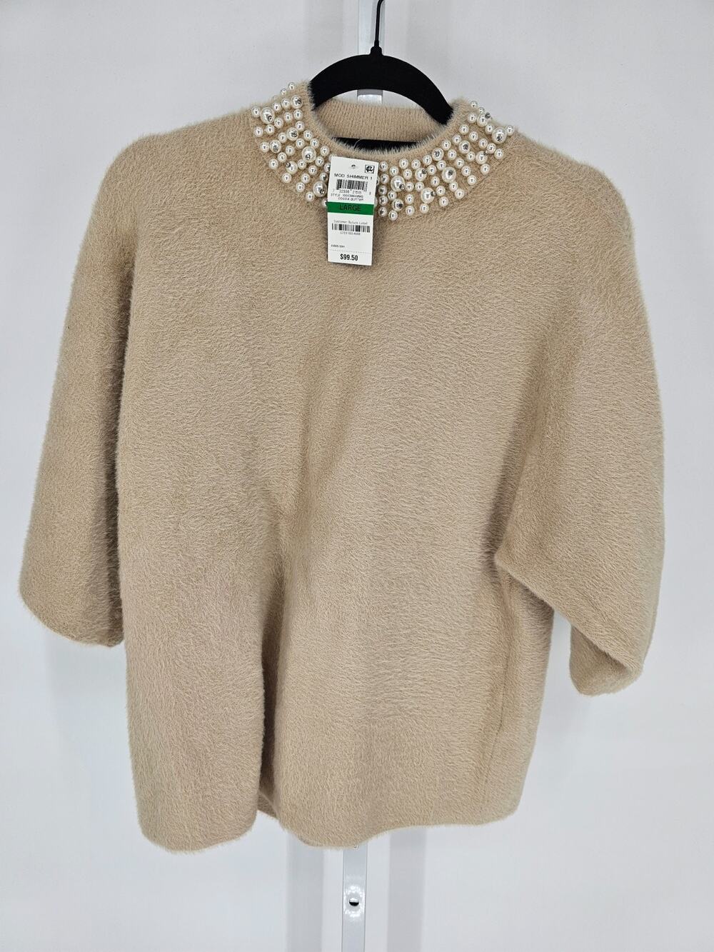 Alfani Womens Sz L Half Sleeve Mock Neck Sweater Shimmer Fuzzy Beaded Beige NEW - Picture 1 of 5
